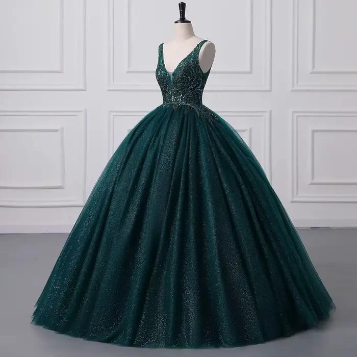 Robe de bal élégante vert foncé à col en V