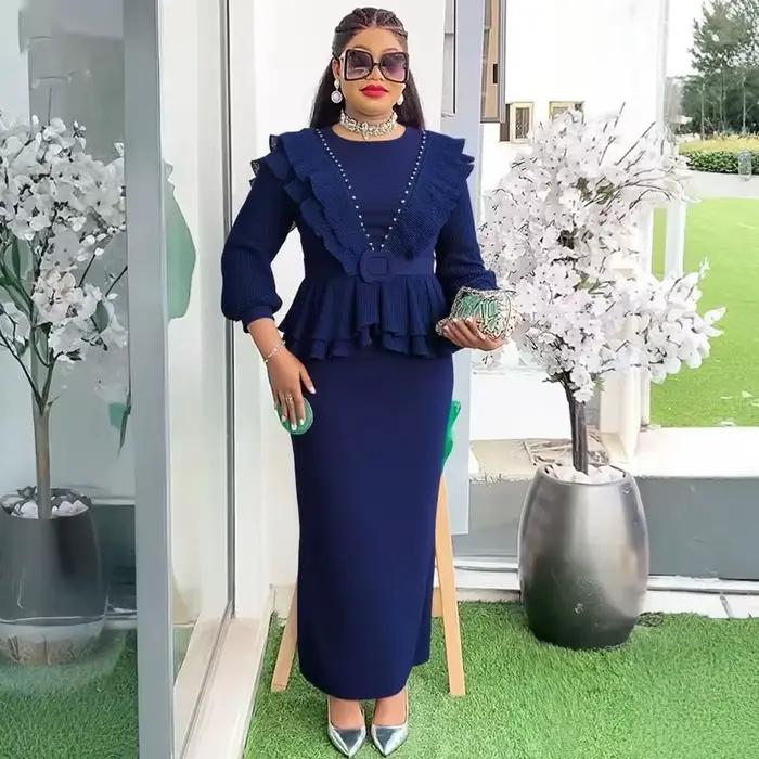 Robe de soirée élégante en polyester avec diamants pour femmes, style africain, mi-mollet, pour mariage, anniversaire et autres occasions spéciales