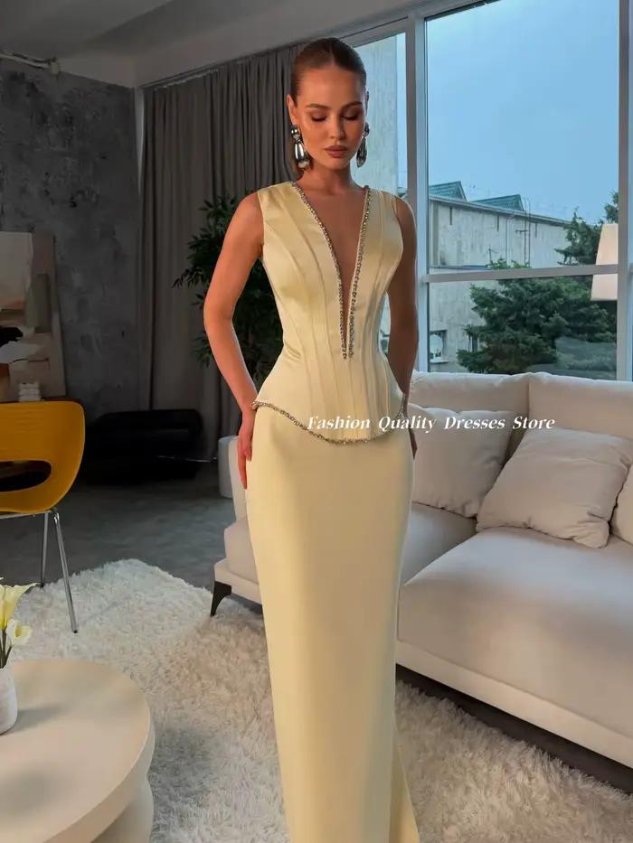 Robe de Soirée 2026 Crème Satinée Formelle Sans Manches Col Plongeant Décorée de Strass Coupe Sirène Tapis Rouge Gala Maxi Personnalisable