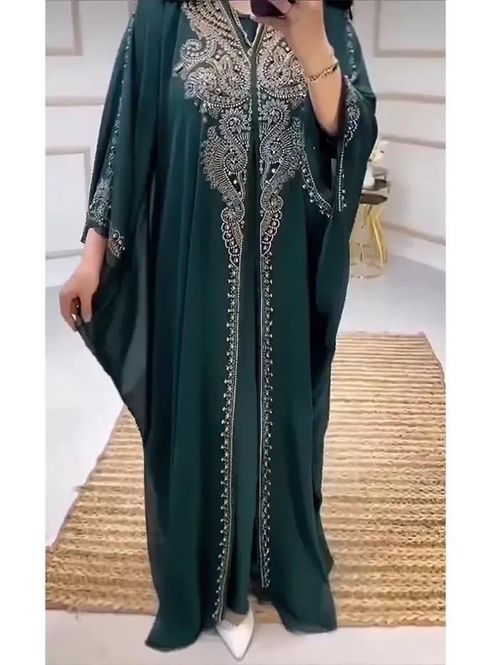 Eid Robe musulmane pour femmes à capuche Abaya 2 pièces ensemble diamant Jalabiya Maroc robes de soirée dubaï Abayas