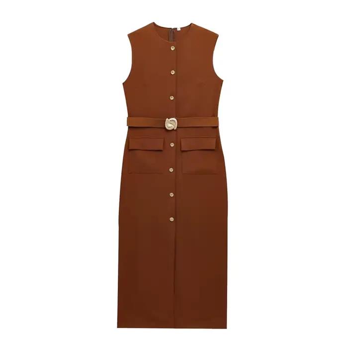 Robe femme noir robes longues printemps été 2025 boutonné sans manches
