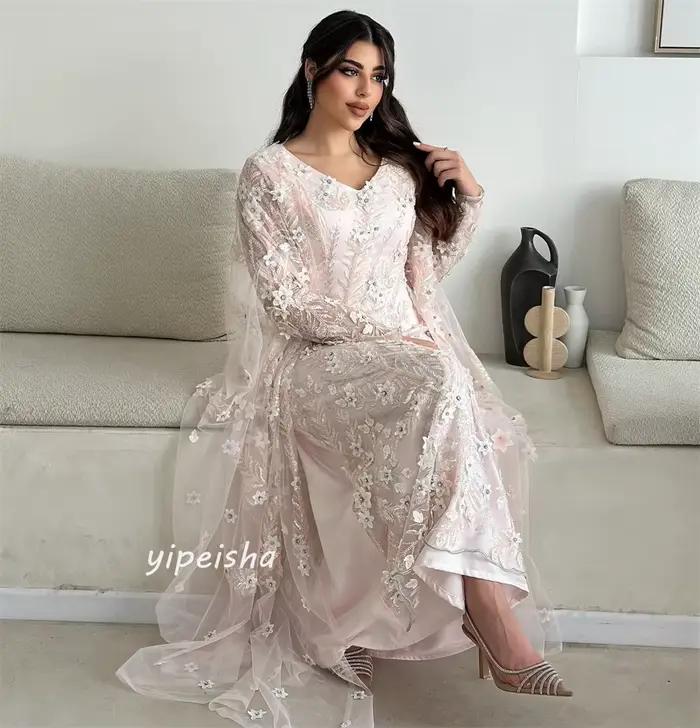 Robe de Fiançailles Mesprit Jersey Personnalisée Col en V Appliques Florales pour Femmes Occasions Spéciales