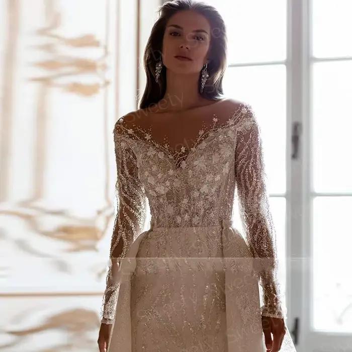 Robe de Mariée de Luxe en Dentelle avec Traîne Amovible