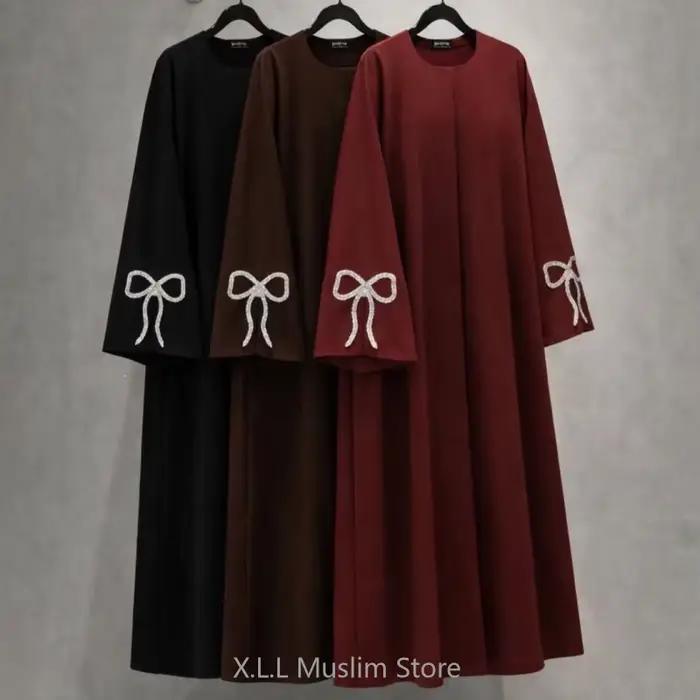 Abaya pour femme élégante polyester tricotée avec arc décoration pour occasions spéciales automne hiver