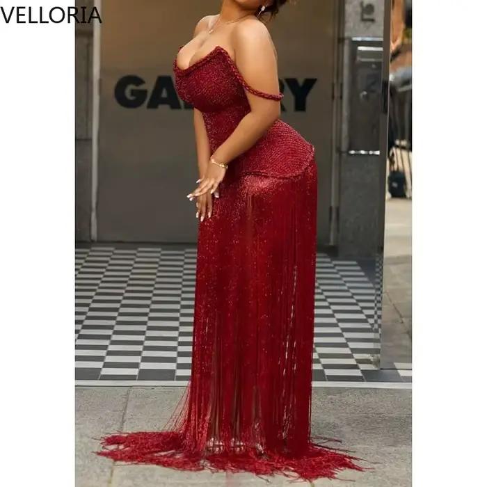 Robe de soirée à franges marron sans manches bustier perlé pour femmes occasions spéciales soirée officielle élégante à offrir