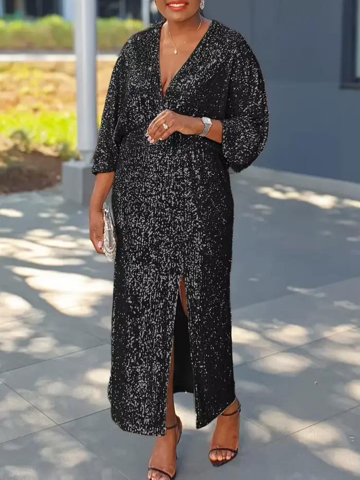 Robe longue à paillettes argentées
