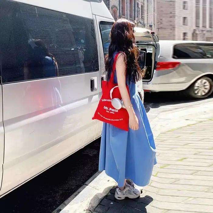 Robe longue bleue style vacances à la française pour femme