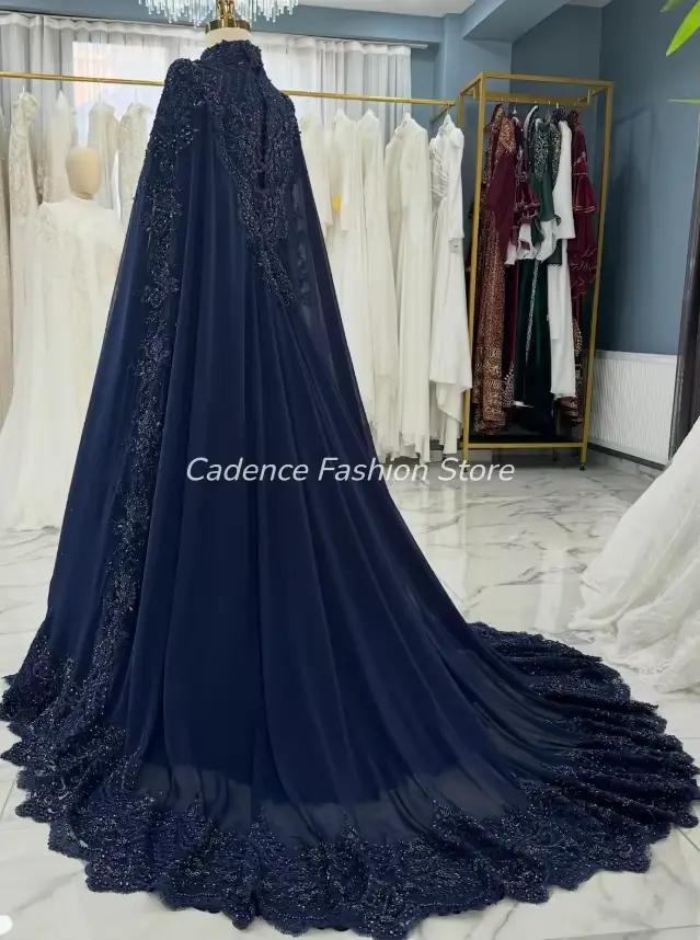 Robe de mariée musulmane bleu marine personnalisable col haut perlé avec châle pour femmes occasions spéciales