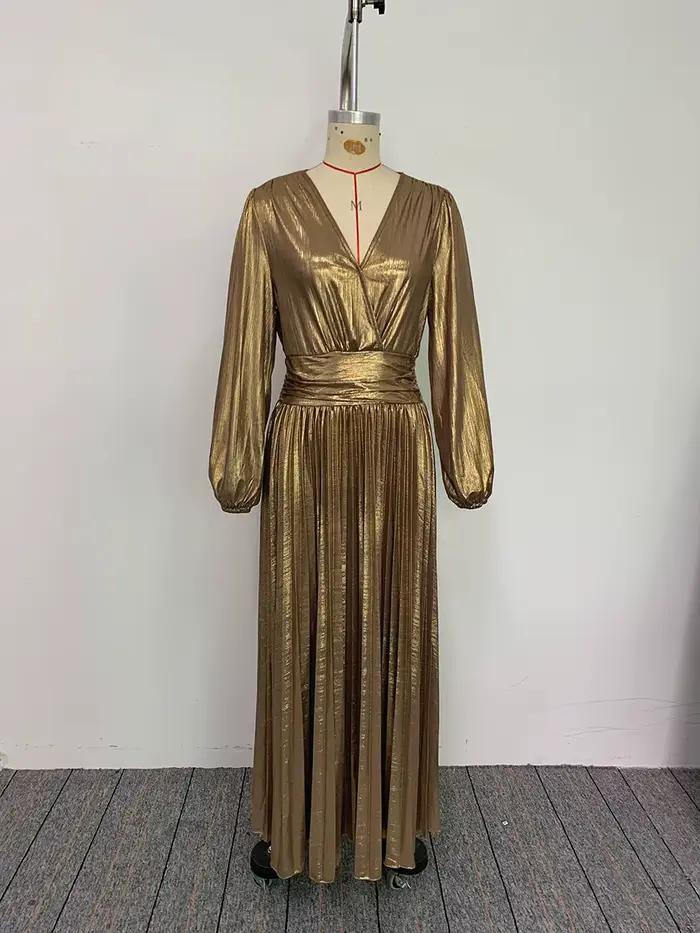 Robe longue en polyester et élasthanne élégante pour femmes, col en V, plissée, manches bouffantes, or, pour mariage, banquet, soirée festive