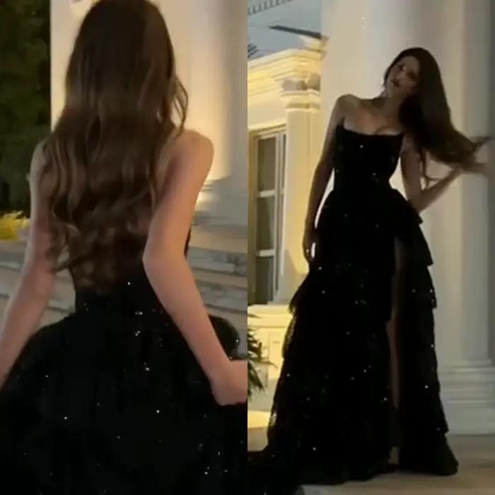 Robes de bal personnalisées robe de bal élégante sans bretelles balayage/brosse soirée paillettes couches net/tulle occasion formelle فساتmavera