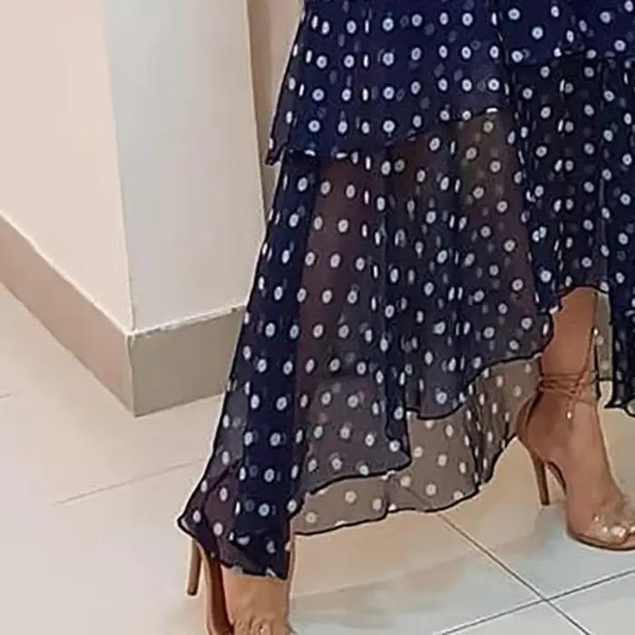 Robe de Soirée Élégante à Pois Imprimé Bleu Foncé