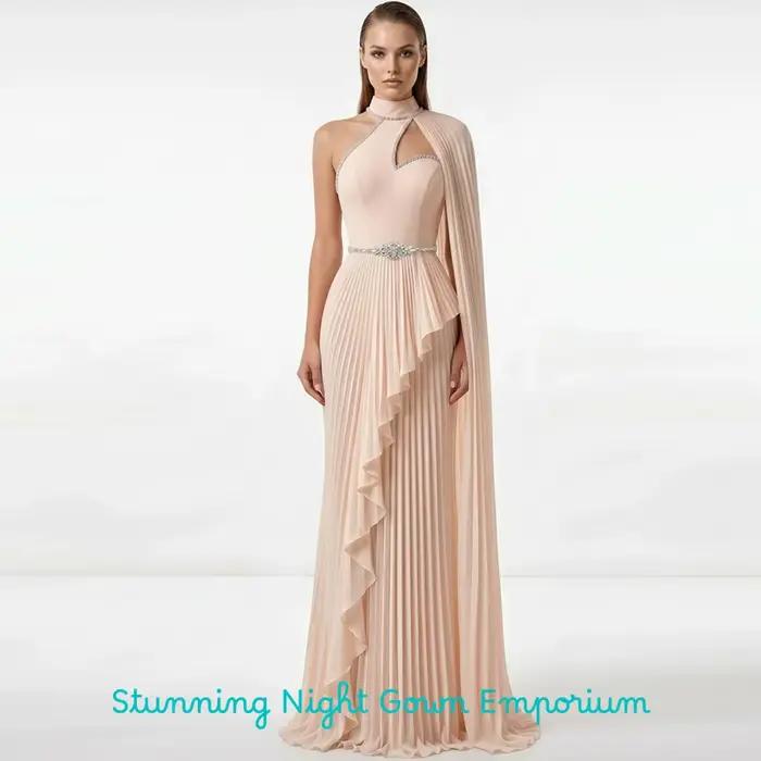 Robe de soirée simple en mousseline à une épaule avec ceintures délicates en cristaux
