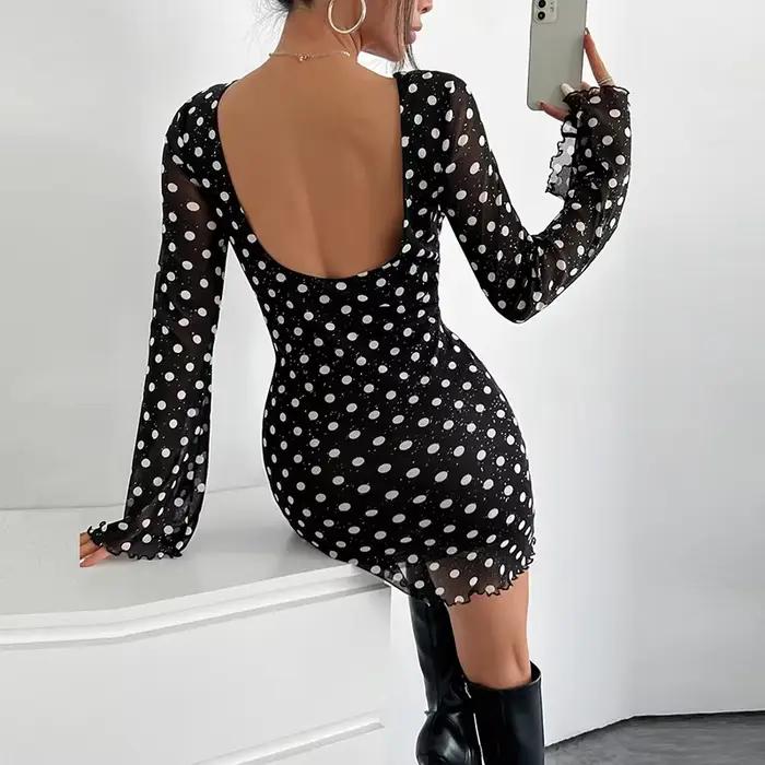 Robe noire Sexy imprimée à pois pour femmes