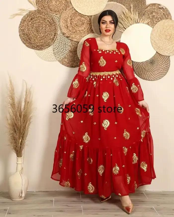 Abaya Jalabiya-Robe rouge brodée à manches évasées