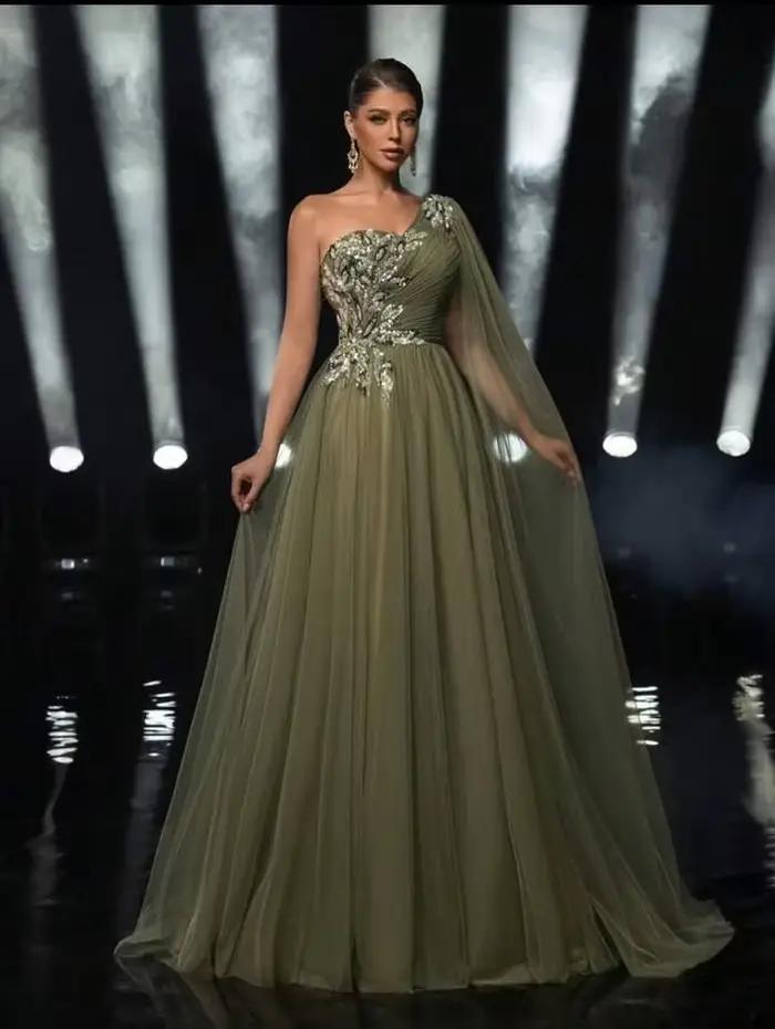 Dubaï élégant luxueux robes de soirée vert en mousseline de soie robe de bal une épaule