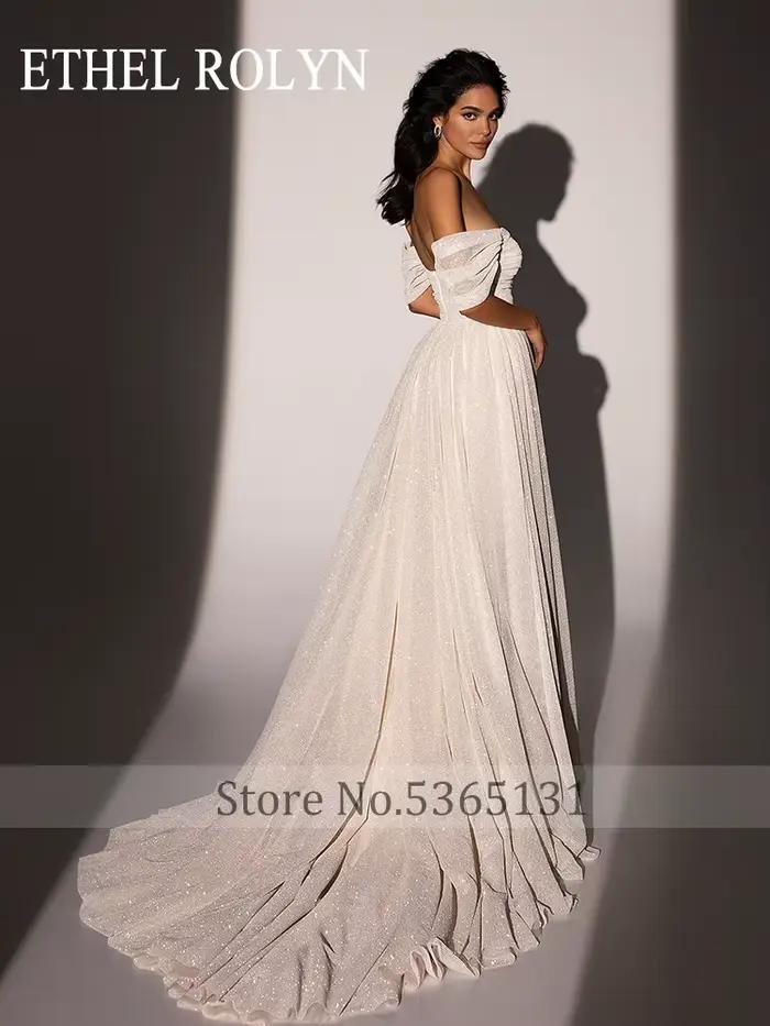 ETHEL ROLYN robes De mariée trapèze pour femmes brillant hors De l'épaule col bateau brosse Train robe