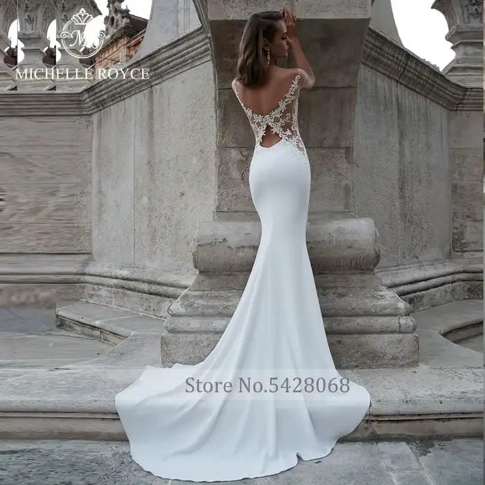 Michelle Royce sirène robes De mariée élégant Scoop découpé Appliques gracieux bouton Court Train
