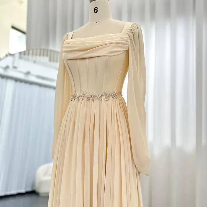 Sharon Said dubaï Beige robe de soirée courte avec ceinture manches longues thé longueur femmes robes
