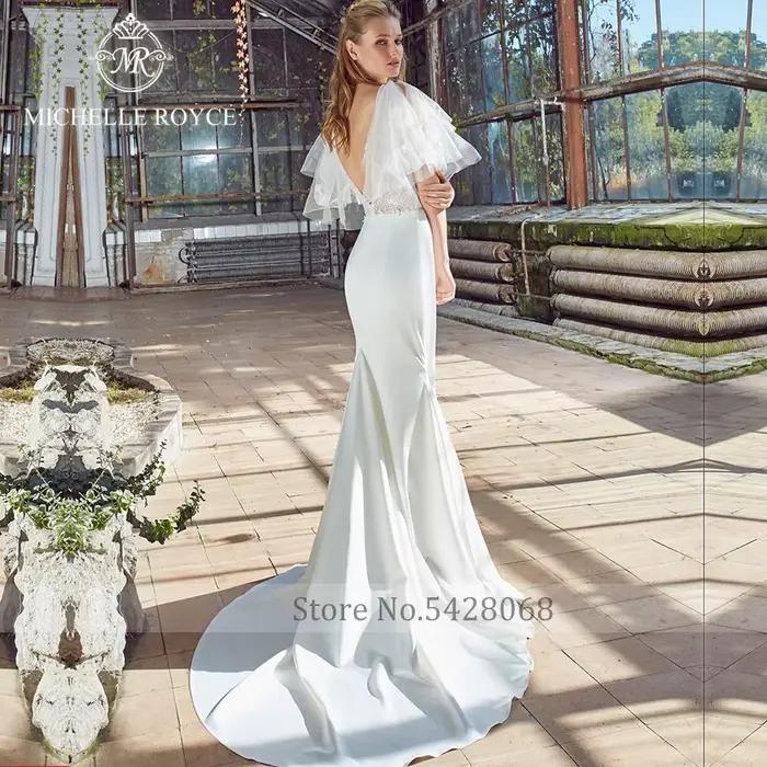 Michelle Royce sirène robes De mariée élégant Sexy col en v profond Illusion manches évasées dos nu Court Train Vestido De Novia