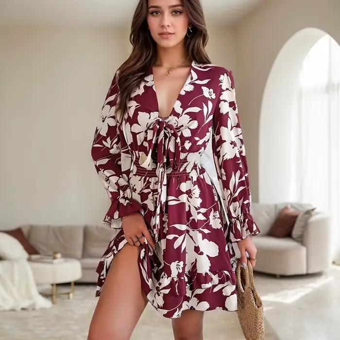 Robe trapèze décontractée à manches cloche florales