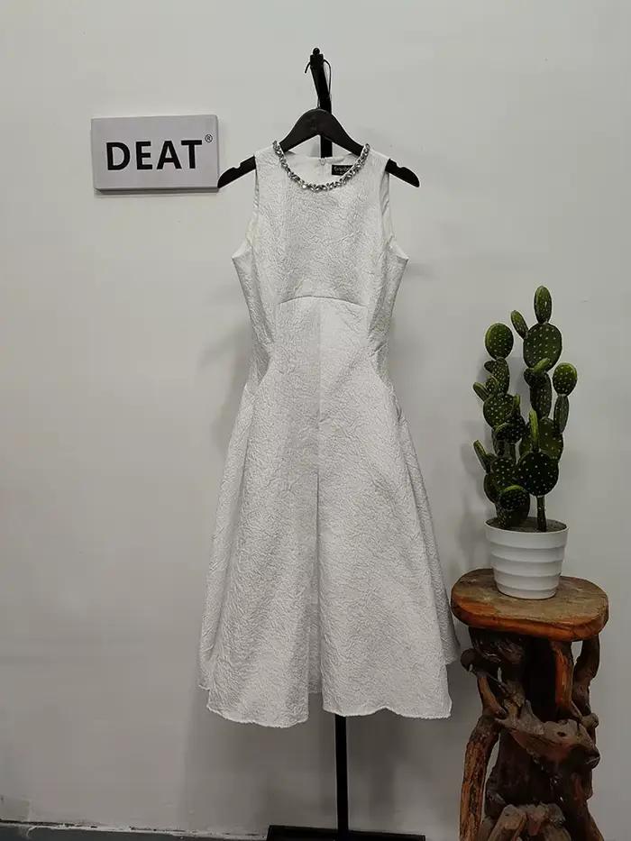 DEAT Robe Midi Femme Col Rond Sans Manches Taille Empire Style Vintage