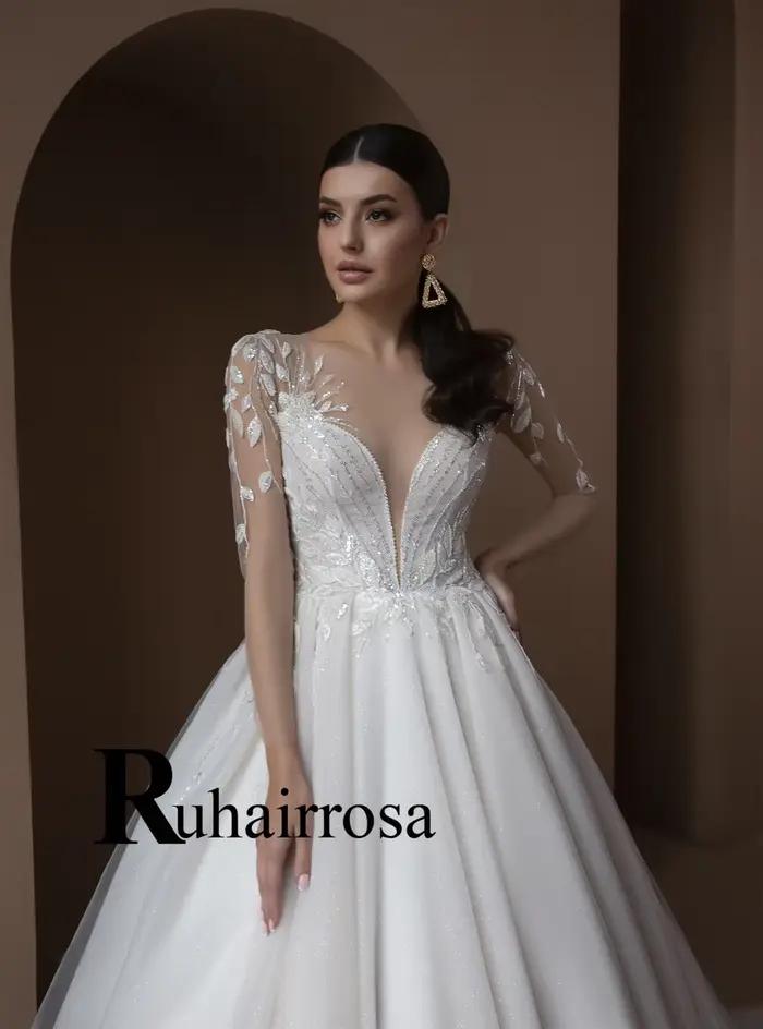 Ruhair robes De mariée raffinées Appliques dos nu a-ligne col rond paillettes Court Train Robe De soirée De Mariage personnalisé