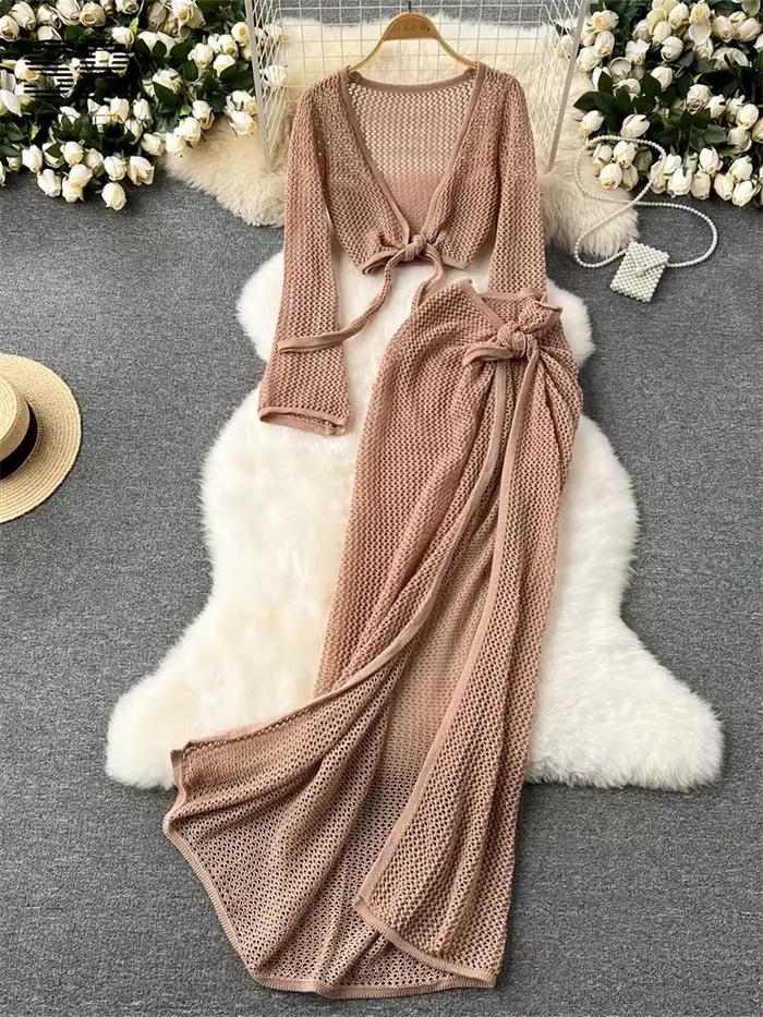 SINGREINY vacances deux pièces ensemble femmes à manches longues col en V haut court taille réglable fendu jupe longue tricot été plage costume