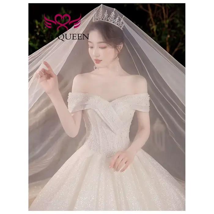 Personnalisé 2025 nouvelles robes de mariée Style européen Champagne et ivoire hors épaule ciel étoilé brillant Tulle