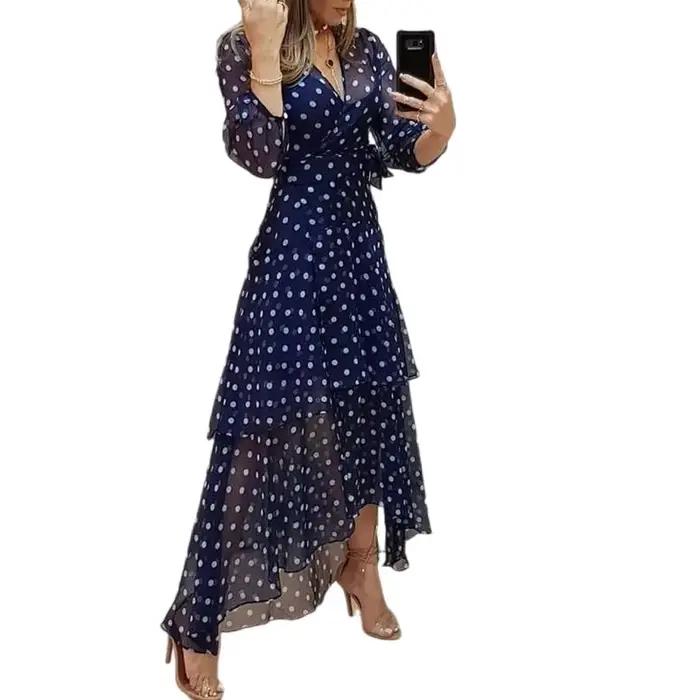 Robe de Soirée Élégante à Pois Imprimé Bleu Foncé