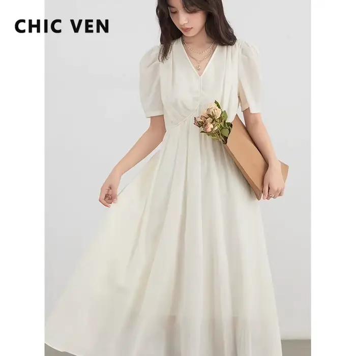 Robe décontractée en viscose et nylon Chic Ven pour femmes, col en V, manches courtes bouffantes, silhouette en ligne, idéale pour l'été et les occasions spéciales