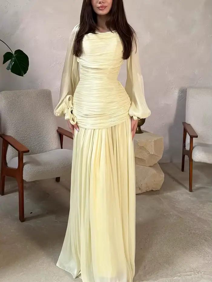 Robe élégante et raffinée 2026 Nouvelle collection Printemps Plissée Couleur Unie Maxi