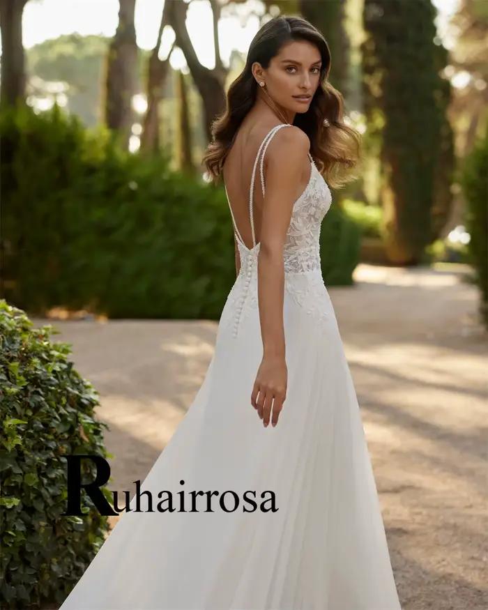 Ruhair Vintage Robe De mariée en mousseline De soie pour les femmes Appliques encolure dégagée bretelles Spaghetti