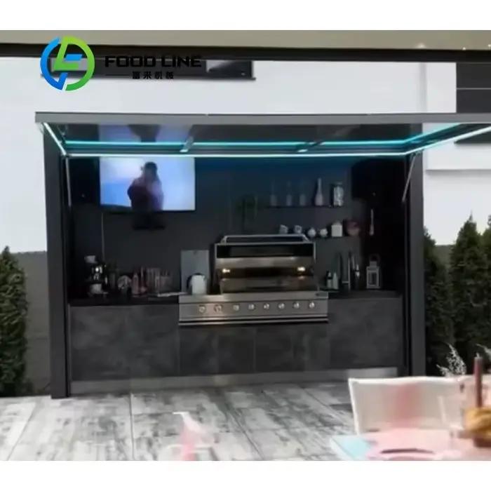 Îlot de cuisine extérieur modulaire personnalisé sur remorque avec armoires de rangement et évier – Station de cuisson extérieure complète