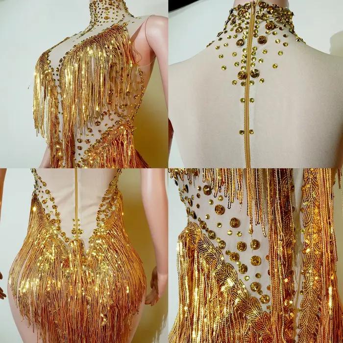Nouvelle Robe de Soirée Scintillante à Paillettes Dorées et Franges