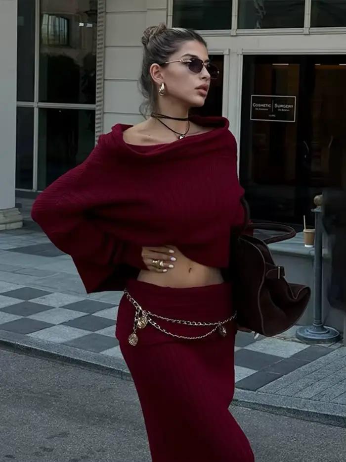 Ensemble jupe longue en tricot bordeaux pour femme