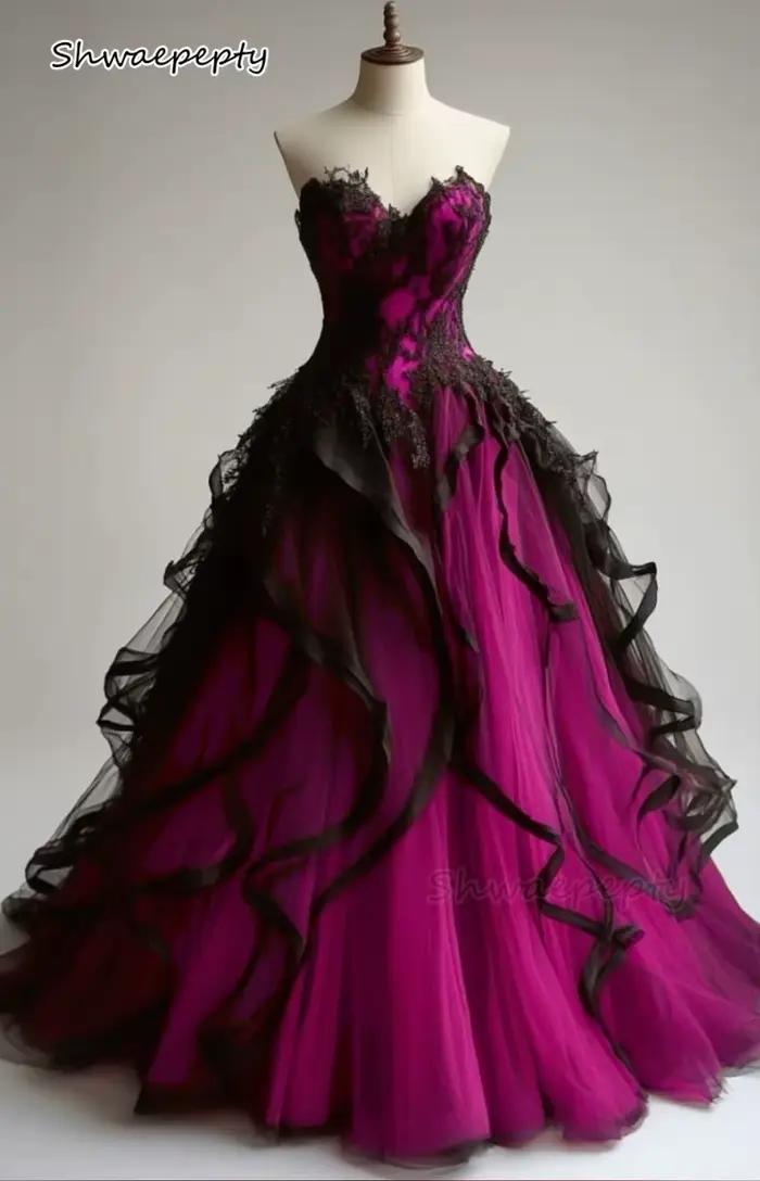 Robe de Mariée Gothique en Tulle Rouge et Noir