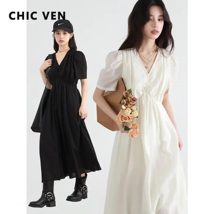 Robe décontractée en viscose et nylon Chic Ven pour femmes, col en V, manches courtes bouffantes, silhouette en ligne, idéale pour l'été et les occasions spéciales