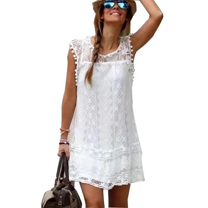 Été blanc femmes robe 2025 décontracté sans manches plage
