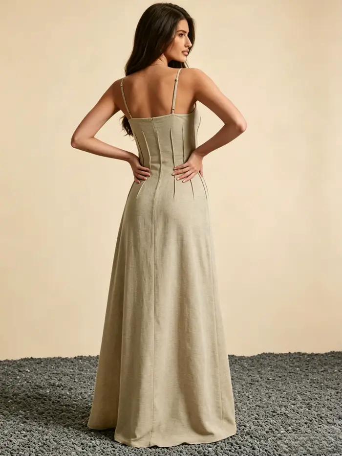 Robe longue d'été sans manches en polyester drapée à la française pour femmes, élégante et confortable pour occasions spéciales
