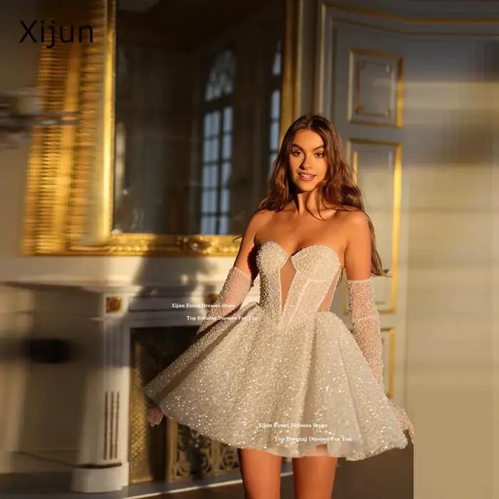 Xijun paillettes robes de mariée courtes chérie sans manches a-ligne robe de bal événement formel Cocktail