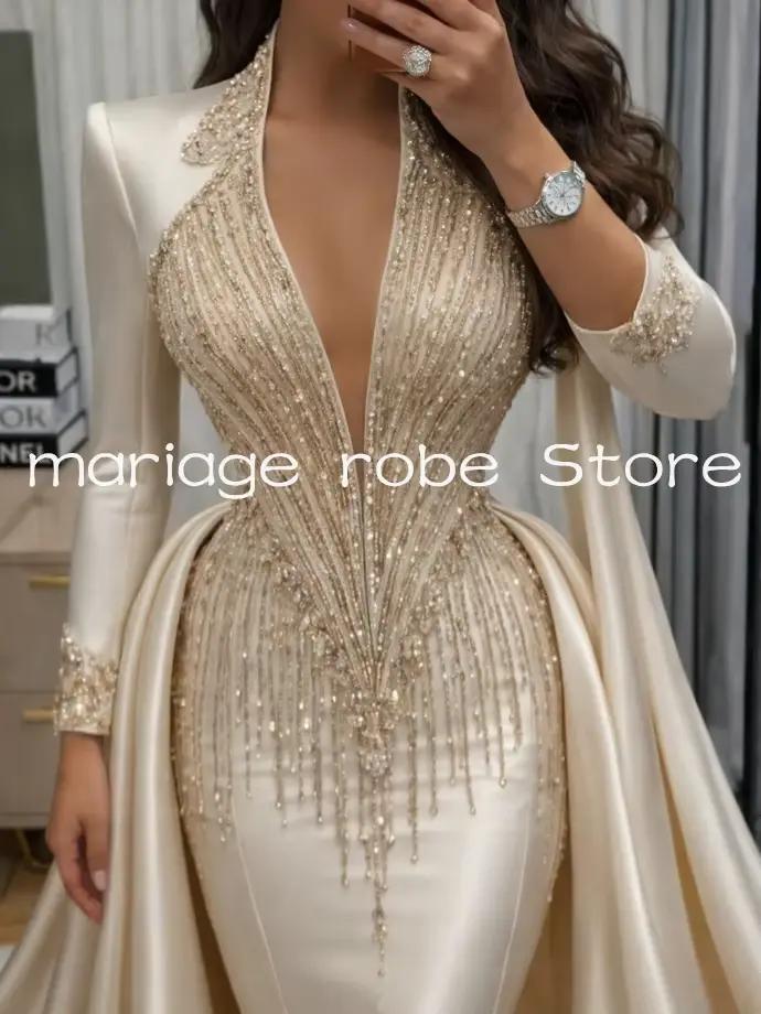 Robe de bal sirène de luxe couleur champagne avec traîne détachable