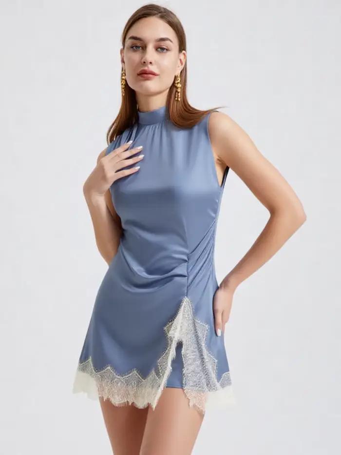 Robe bleue élégante Lyaner Amiily col roulé sans manches ourlet en dentelle à volants mini slim fit automne hiver pour femme occasions spéciales