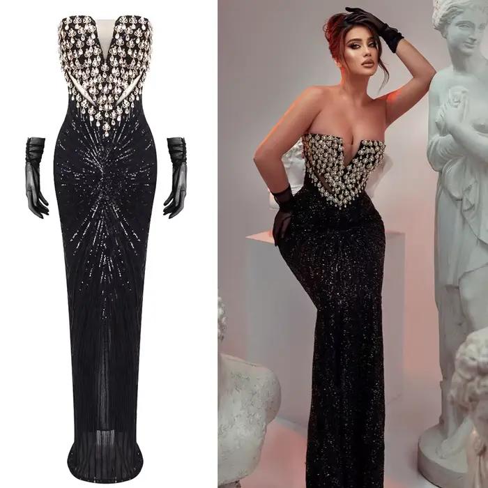 Robe de soirée noire sans bretelles à paillettes – Corset perlé