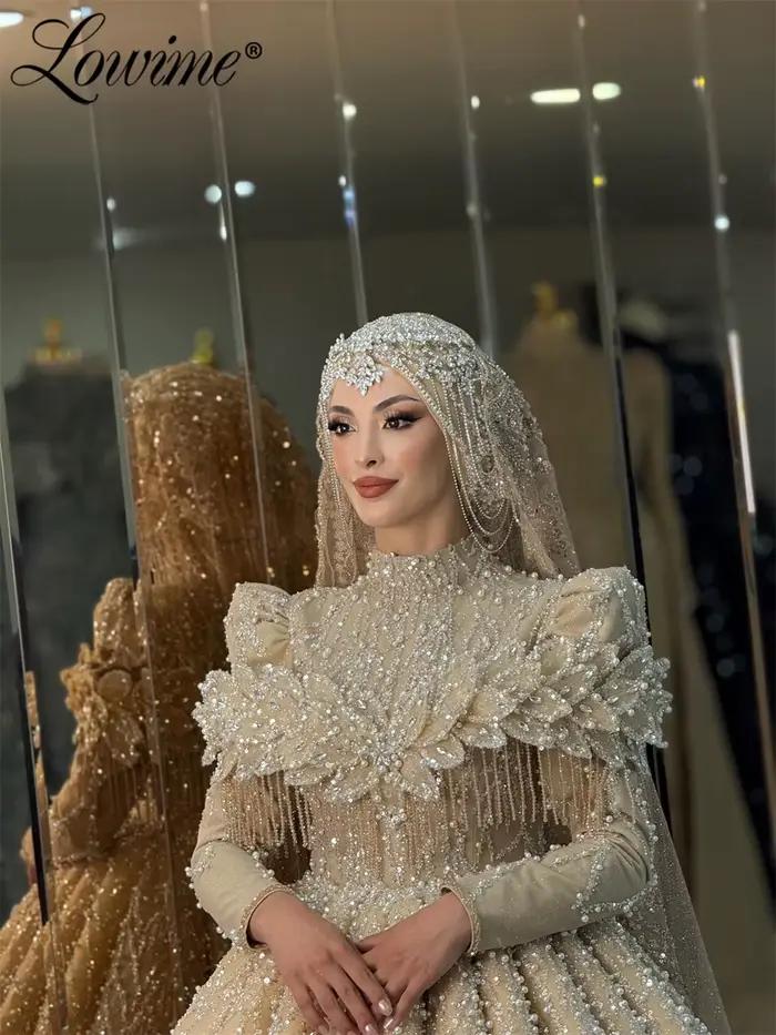Robe de soirée musulmane champagne à manches longues