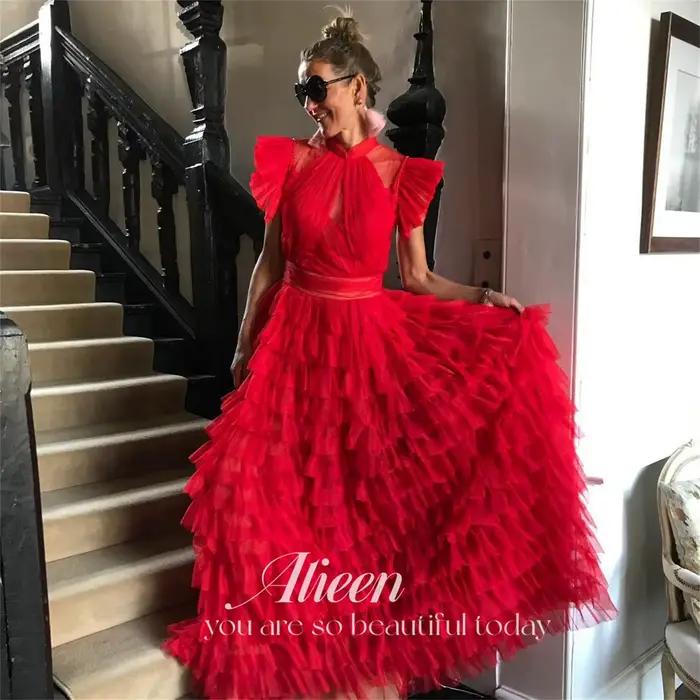Aileen rouge élégant luxe robes de soirée pour Occasions spéciales multicouche personnalisé a-ligne femmes robe