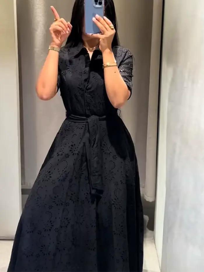 Robe longue élégante noire pour femme avec lacets