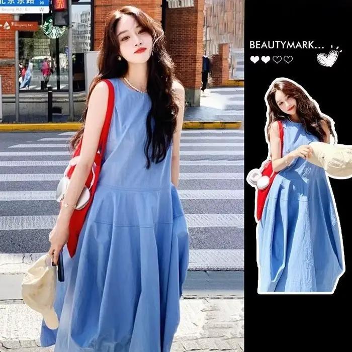 Robe longue bleue style vacances à la française pour femme
