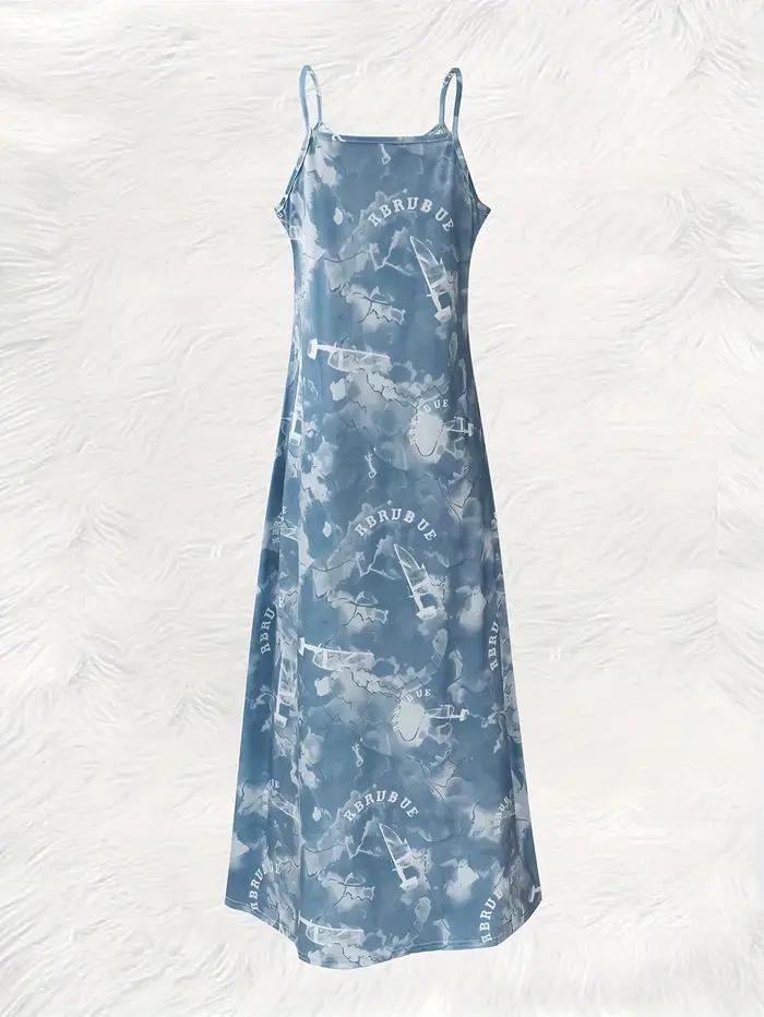 Blue Printed Summer Vacation Dress for Women Sleeveless Tank Maxi