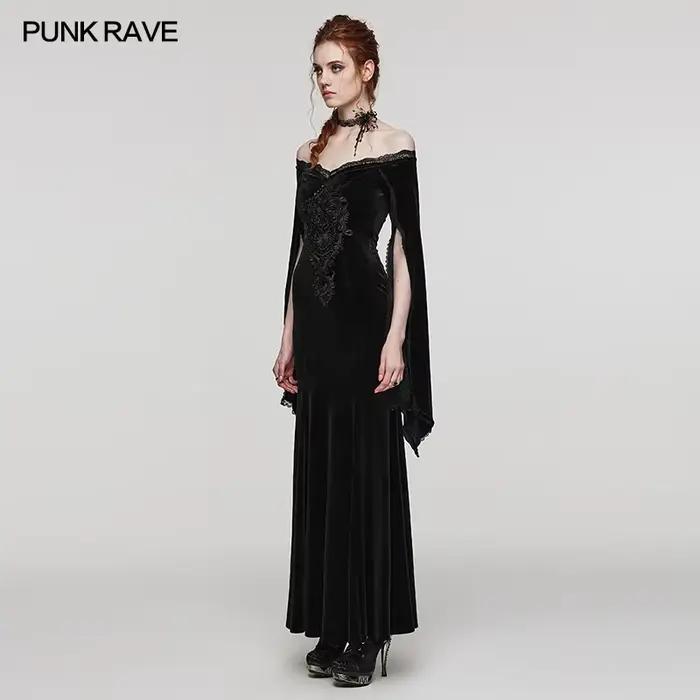 Robe gothique longue en velours polyester avec patchwork et dentelle pour femmes - Occasions spéciales et événements gothiques