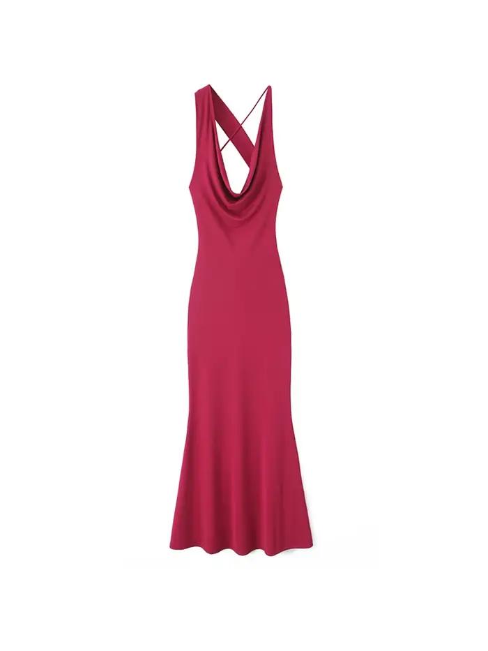 Robe longue asymétrique TRZA décontractée pour femmes occasions spéciales polyester rouge cheville
